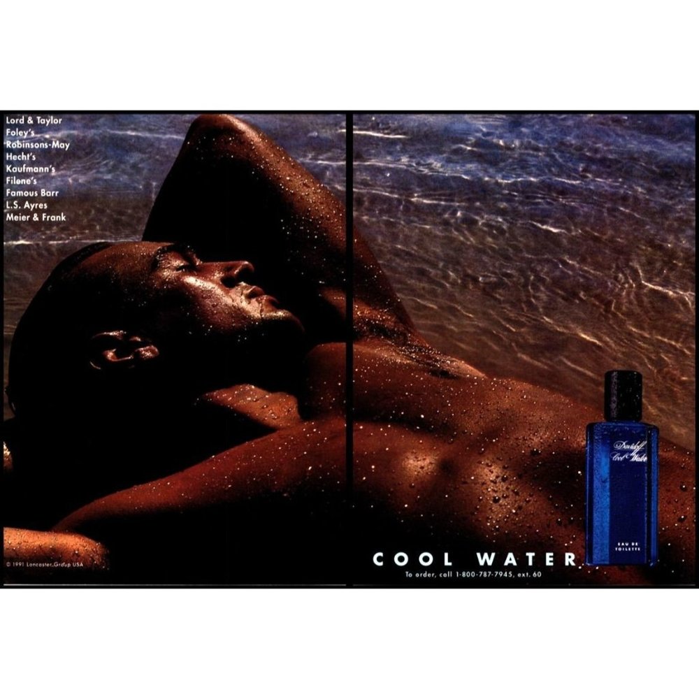 1995 Davidoff Cool Water Cologne 2 Page Vintage Print Ad Shirtless Man Beach Art